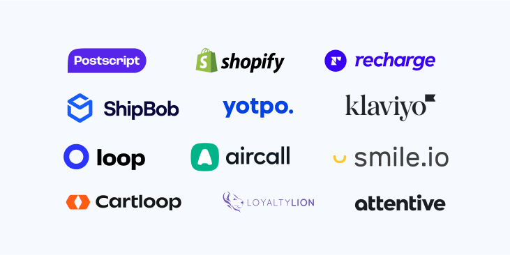 Logos of Shopify, Recharge, ShipBob, and others to power up your messaging and customer service