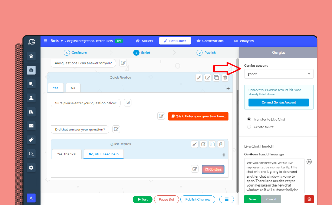 Screenshot of Gobot integration with Gorgias