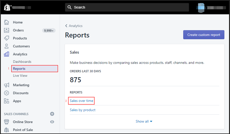 The "Sales over time" report in Shopify Analytics
