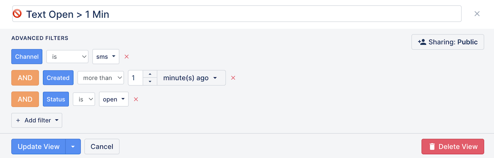 Jessica from Berkey Filters set up a custom view in Gorgias to monitor the SMS support channel's first response time.