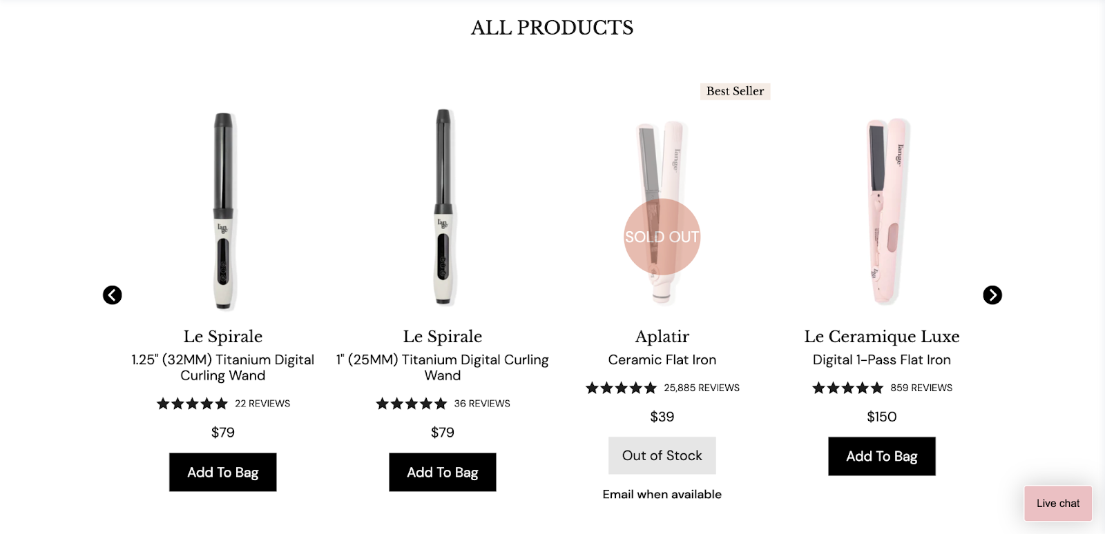 Four hair products on L'ange's site, one of them grayed out clearly labeled 