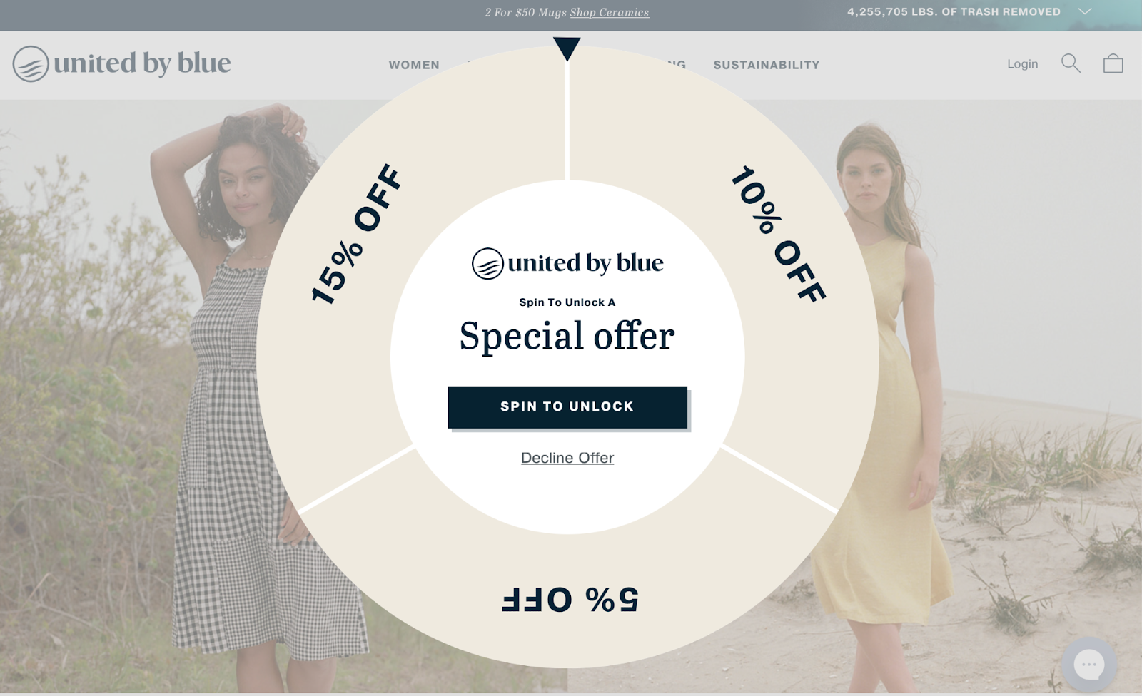 A Shopify pop-up from United by Blue offering a discount.