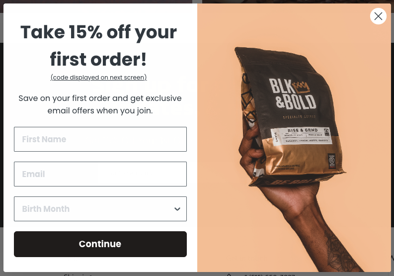 A Shopify pop-up from BLK & Bold offering 15% off the shopper's first order.
