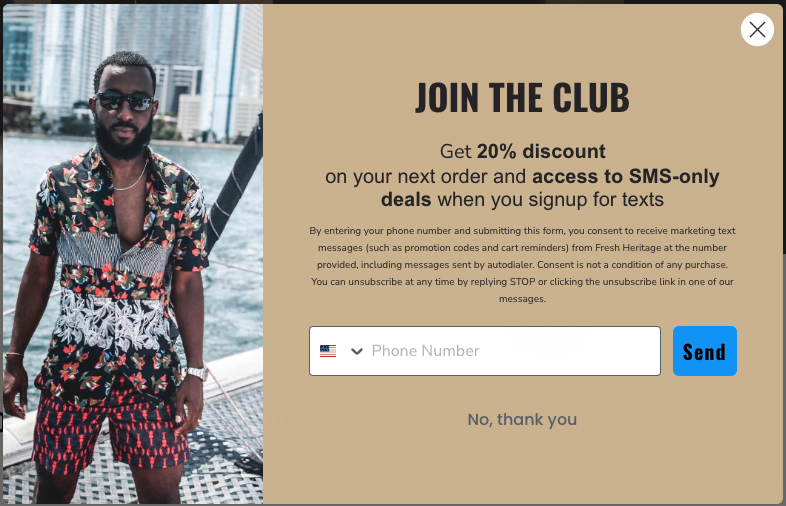 A Shopify pop-up offering a discount for giving a phone number.