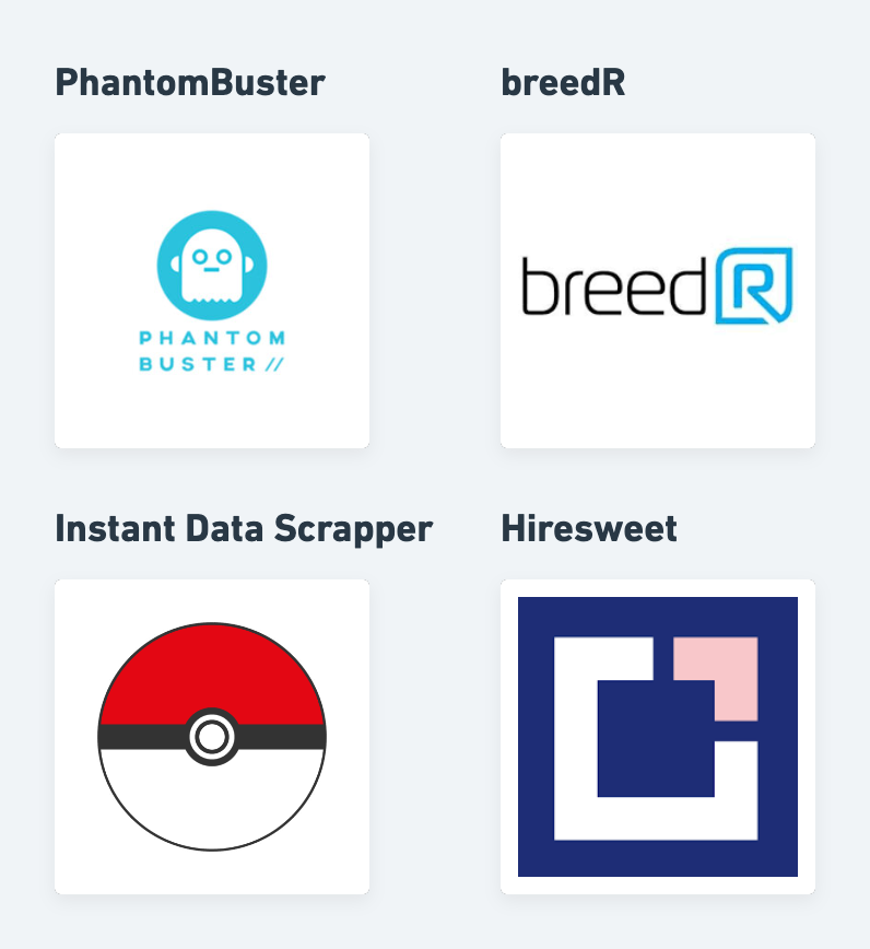 Logos of four tools: PhantomBuster, breedR, Instant Data Scraper, and Hiresweet
