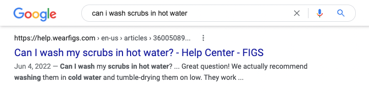 Google search results for the phrase, "can i wash scrubs in hot water"