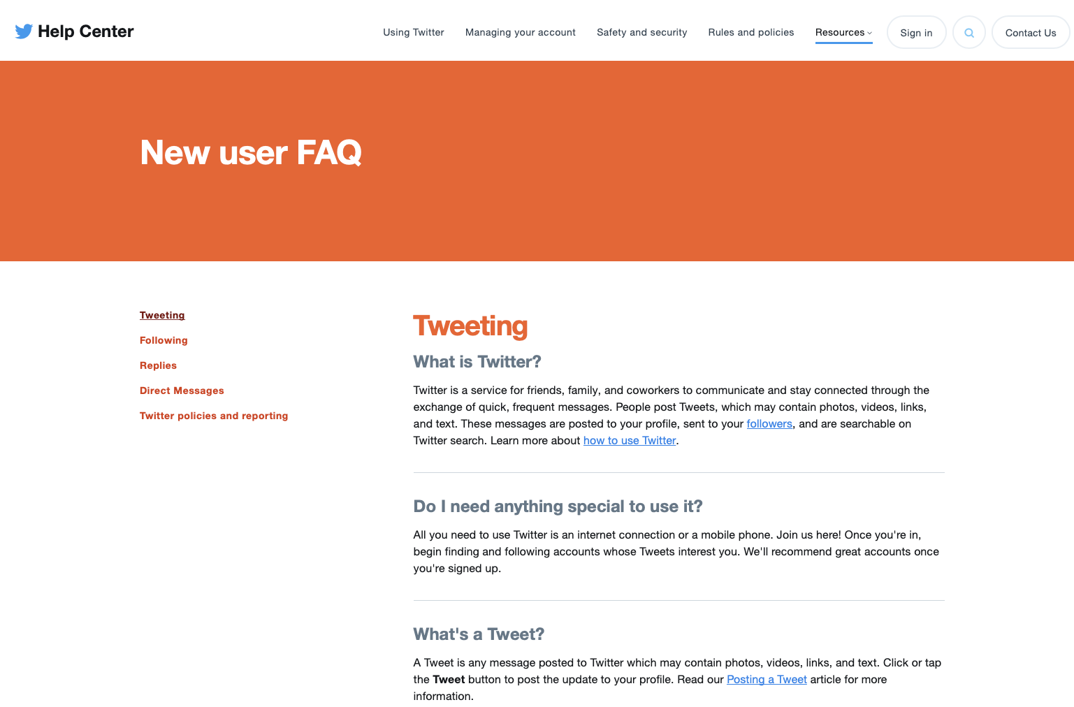 Twitter's new-user FAQ page, with a big banner at the top, sidear navigation, and short answers to basic customer questions. j