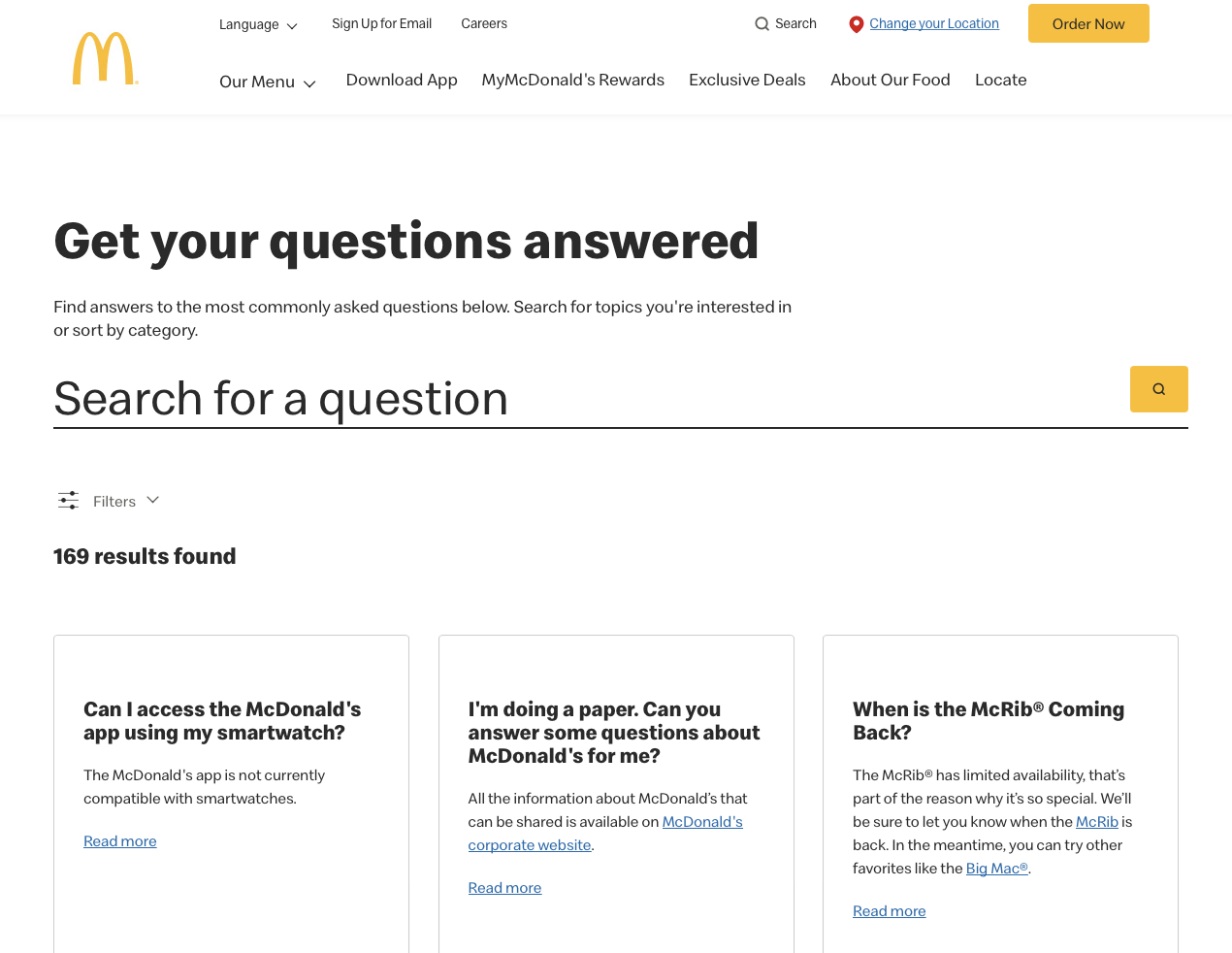 McDonald's FAQ page has a huge search bar but too many categories with little-to-no organization.