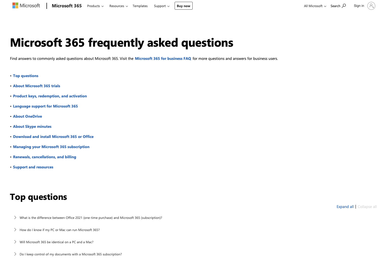 Microsoft's FAQ page is broken out by product.