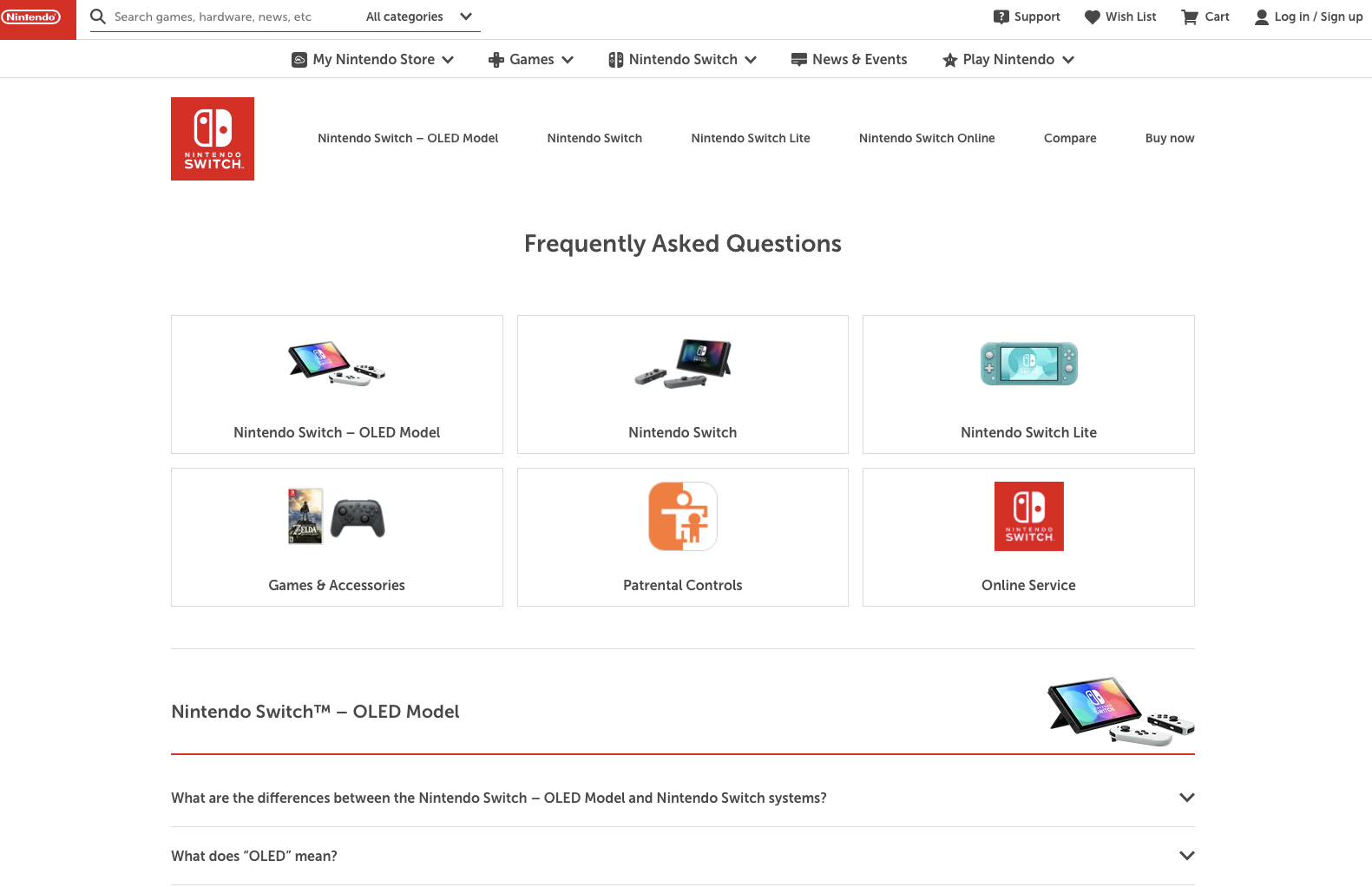 Nintendo's FAQ page is broken up by product, with 6 visual buttons for easy navigation.