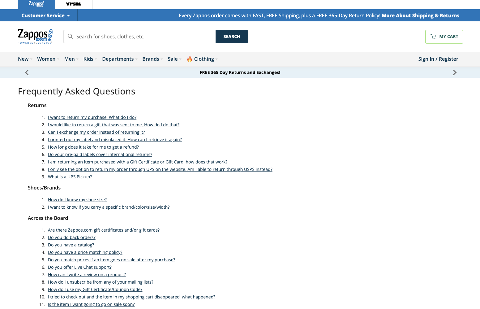 The Zappos FAQ page is well organized and searchable without any dropdown menus.