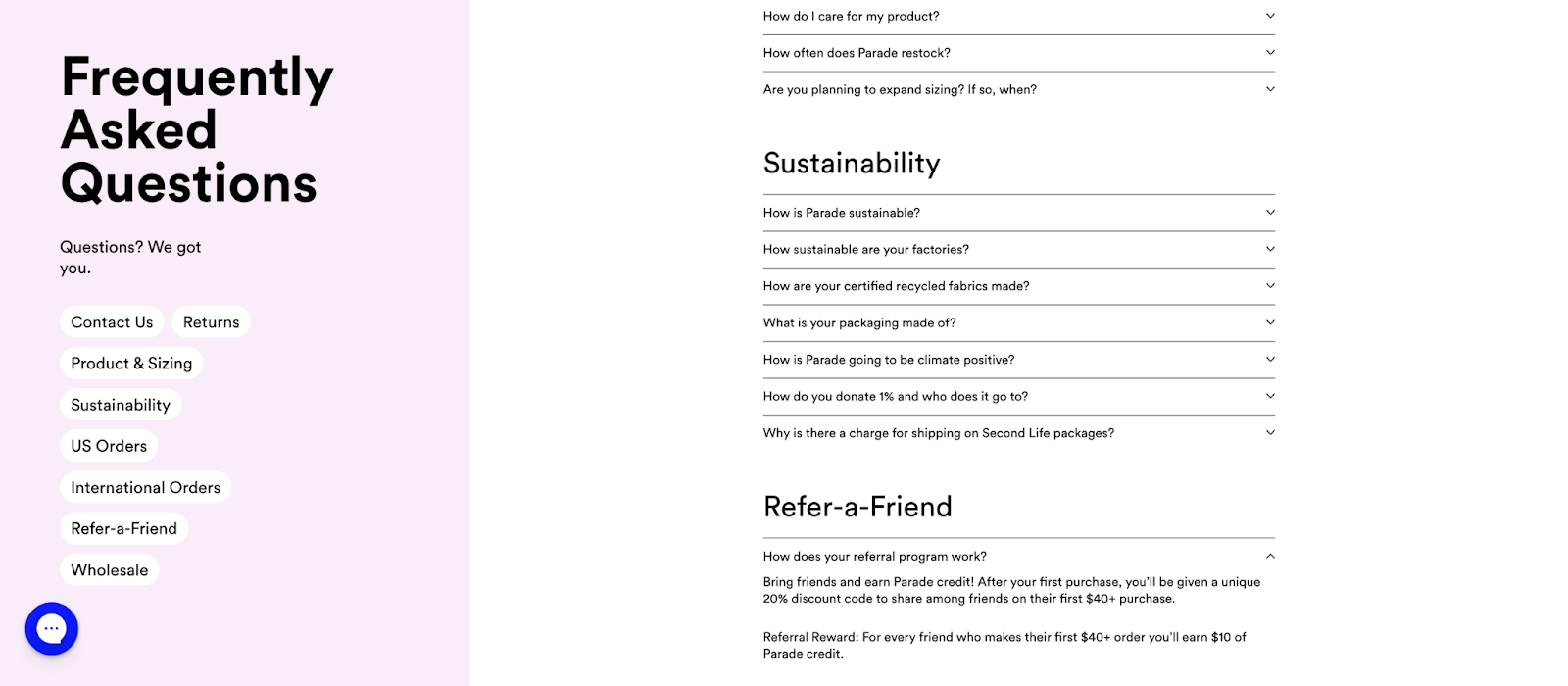 Parade's FAQ page has an entire section on sustainability, one of its main brand values.