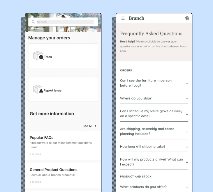 A side-by-side comparison of an FAQ page, which has simple questions, and a help center, which offers more self-service options and detailed articles.