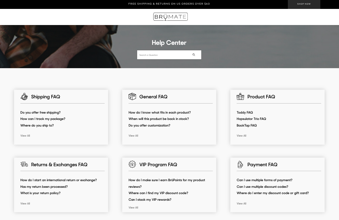 Brumate's help center has large blocks for categories of articles.