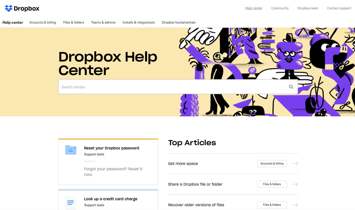 Dropbox's FAQ page has an auto-fill search bar across the top, recent articles on the left, and common articles in the center.