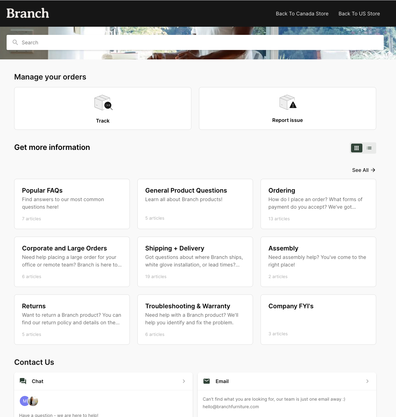 Branch's help center features Gorgias' self-service order tracking.