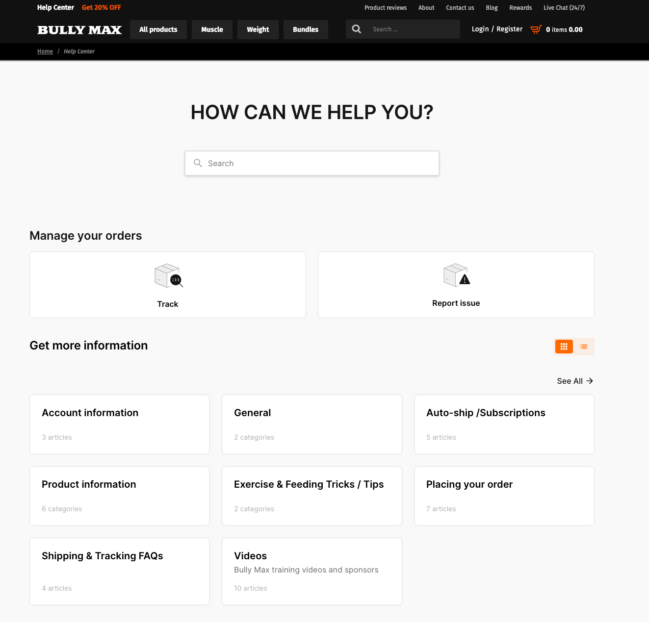 Bully Max's help center features clear, large buttons for self-service flows and other articles. It's also integrated into the rest of the website, allowing dynamic features like pop-ups to appear.