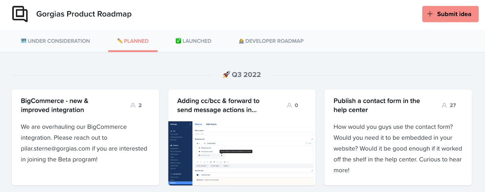Gorgias' product board account, which shows our product roadmap in Q3 2022 and beyond.