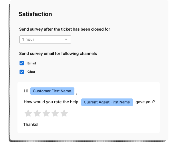 Gorgias' automated customer satisfaction (CSAT) surveys can be transactional, sending after any conversation or purchase.