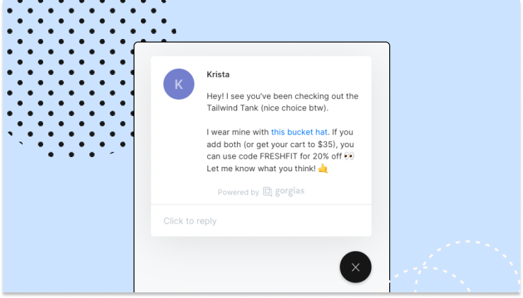 A live chat offering a discount code to a customer who added a best-selling product to their shopping cart. The support agent gave a recommendation for a product to pair, and said that the customer can use a code for 20% off if they reach a cart value of $35.