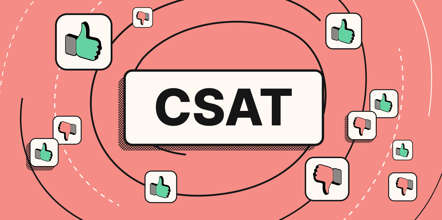 A graphic that says CSAT with thumbs ups and thumbs down.