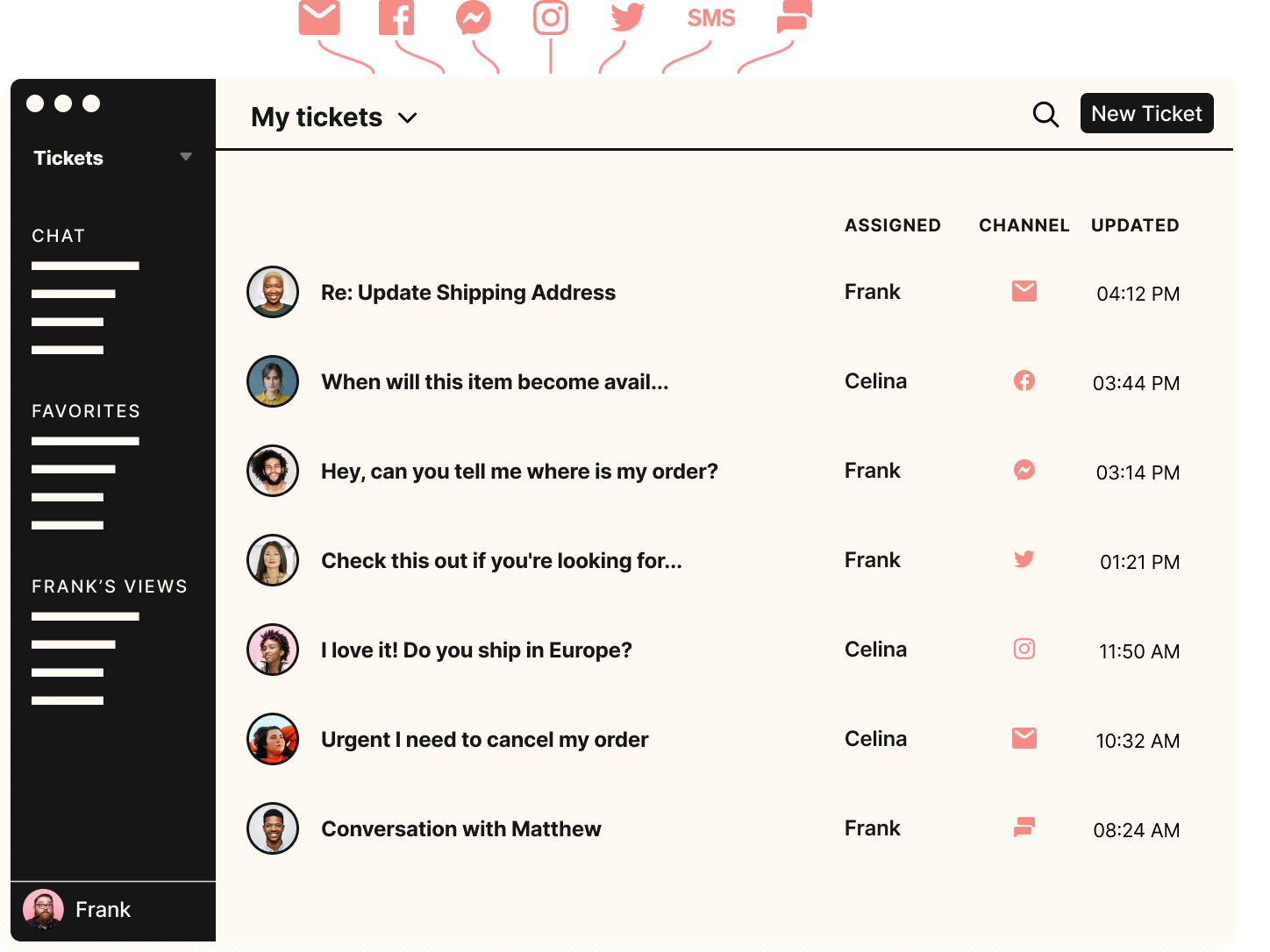 Gorgias' unified view shows tickets from email, Facebook, Messenger, Twitter, Instagram, and more