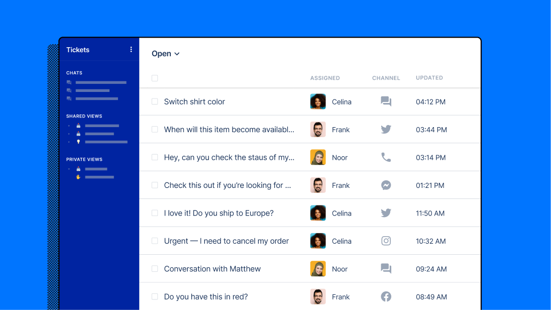 Gorgias' customer service lets agents talk to customers on many channels from one unified platform.