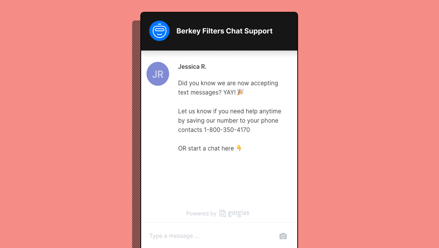 Berkey Filters chat prompting people to use the messaging chanel