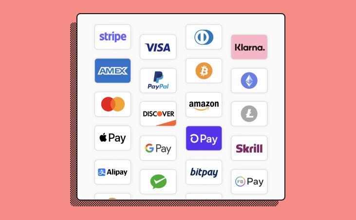 A collection of logos for payment methods like Apple Pay, Visa, Stripe, and more.