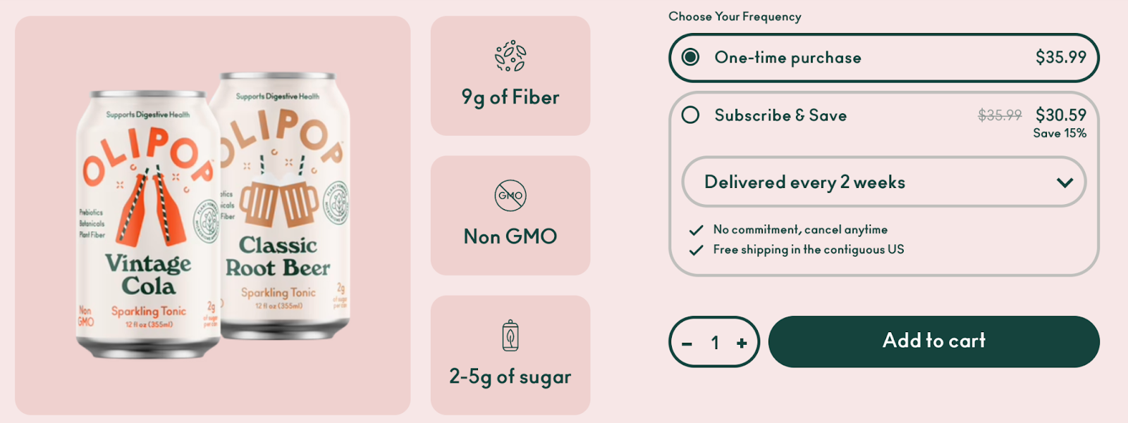 OLIPOP's product page offers a Subscribe & Save option.