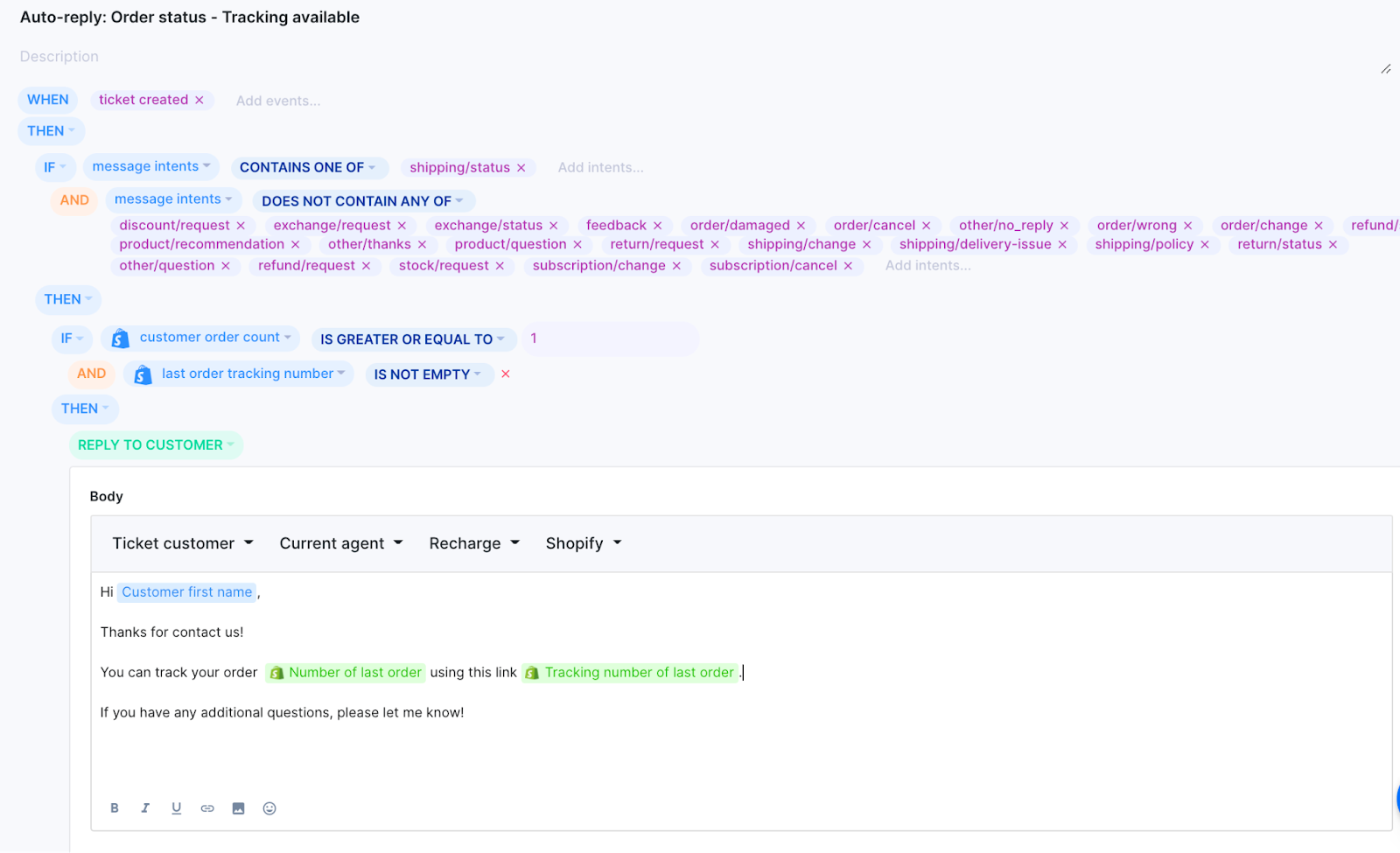 Gorgias Rule to automate answers to simple questions.