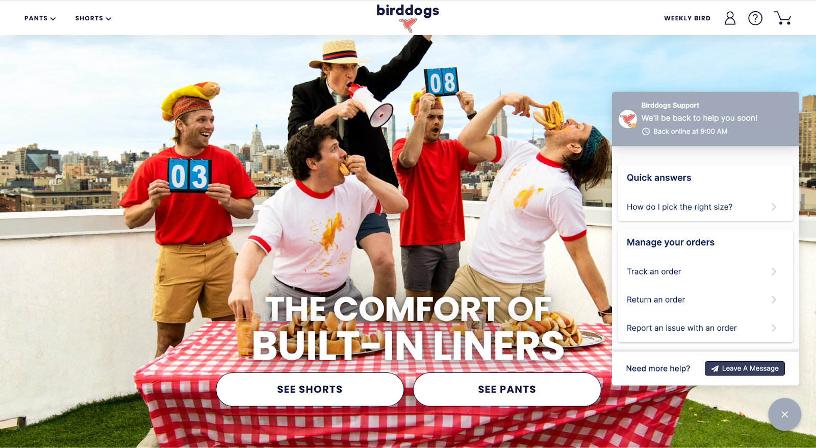 Birddogs has self-service menus in their live chat
