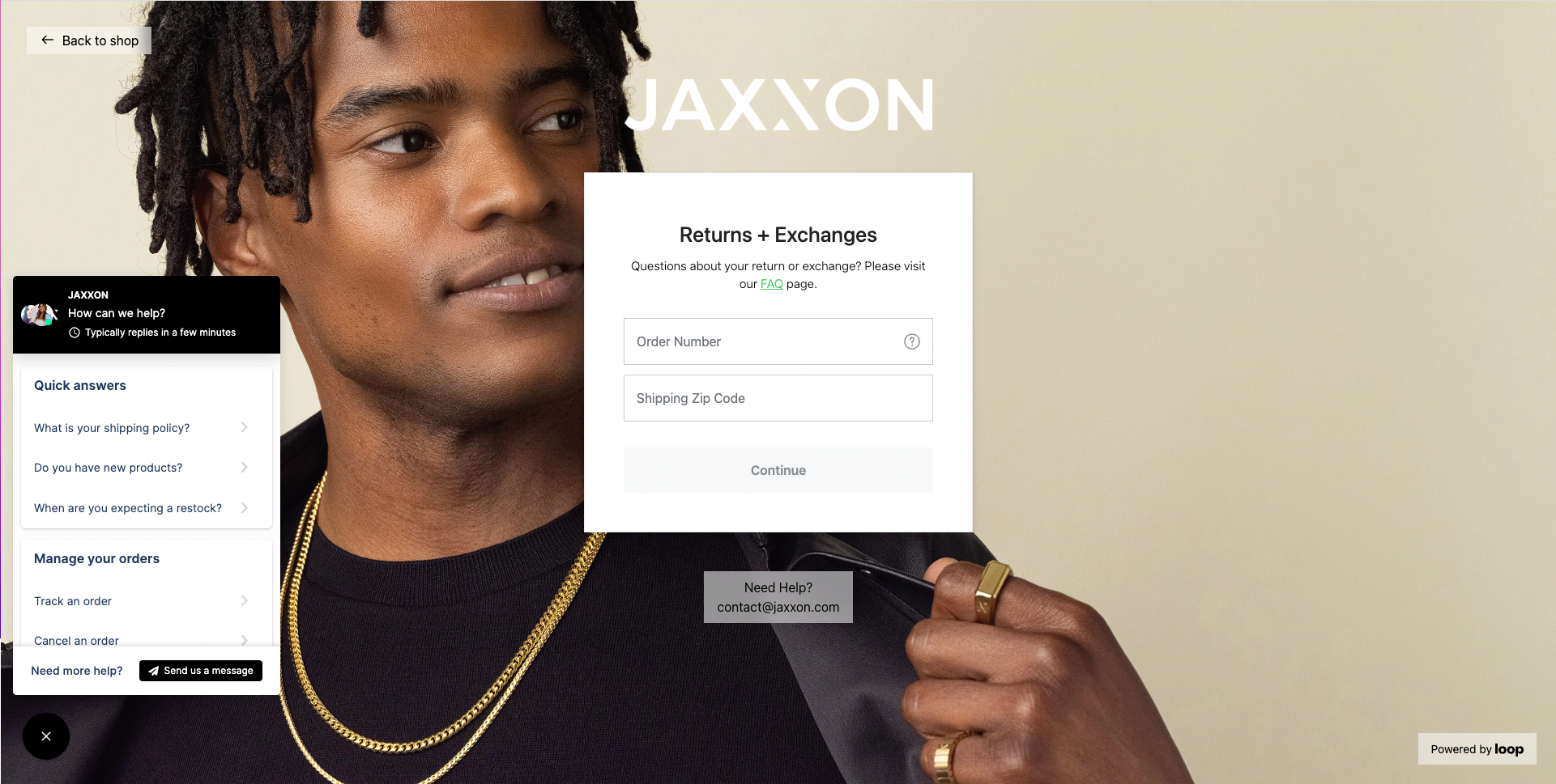 Jaxxon's return and exchange portal is powered by Loop Returns