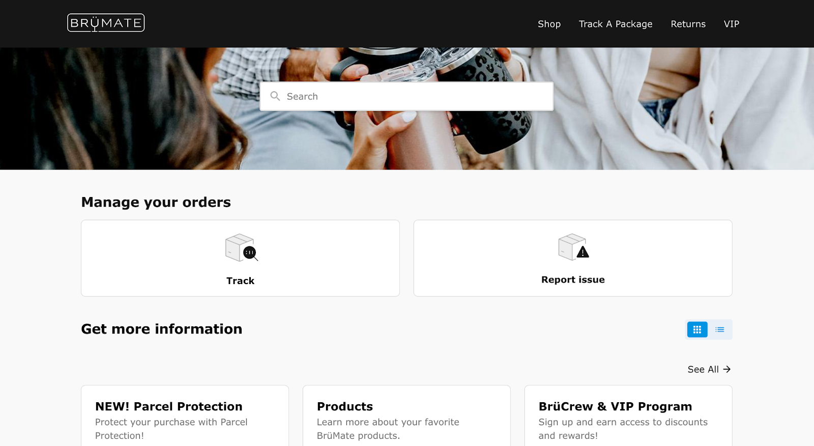 Brümate's self-service help center automatically helps customers track orders.