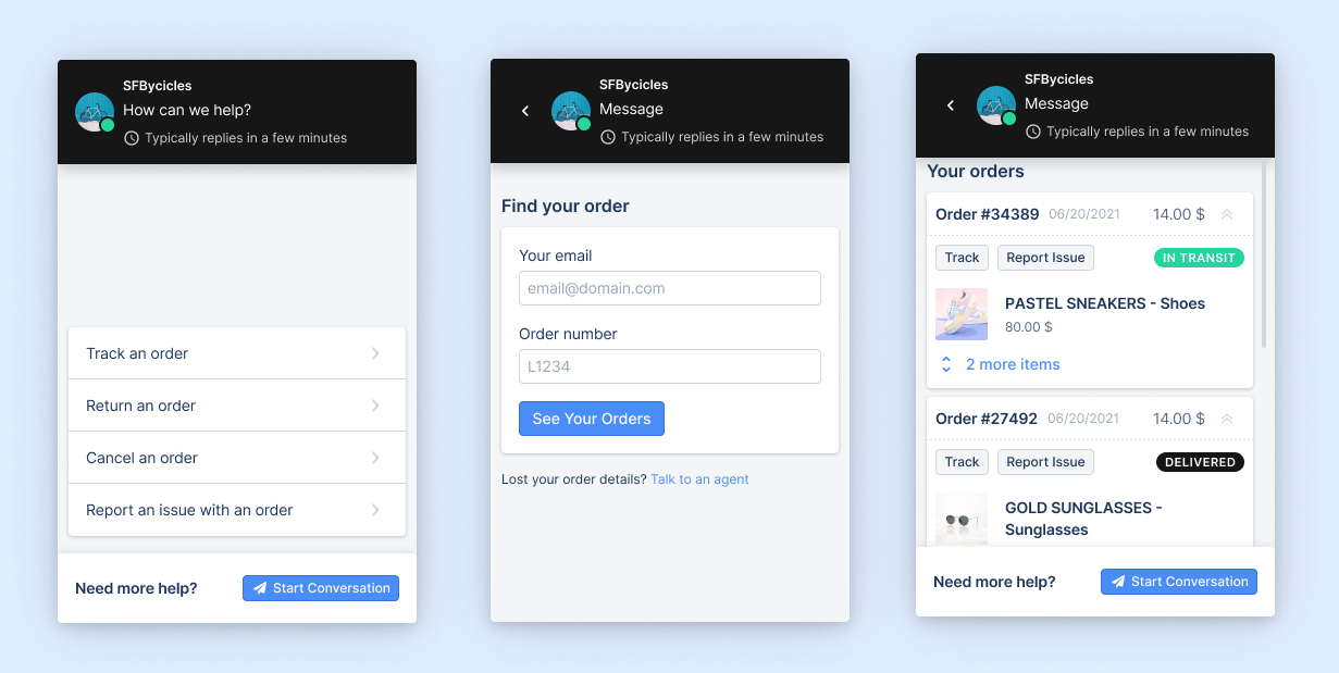Gorgias' self-service order management lets customer track, return, cancel, and report issues with orders -- without speaking to an agent.