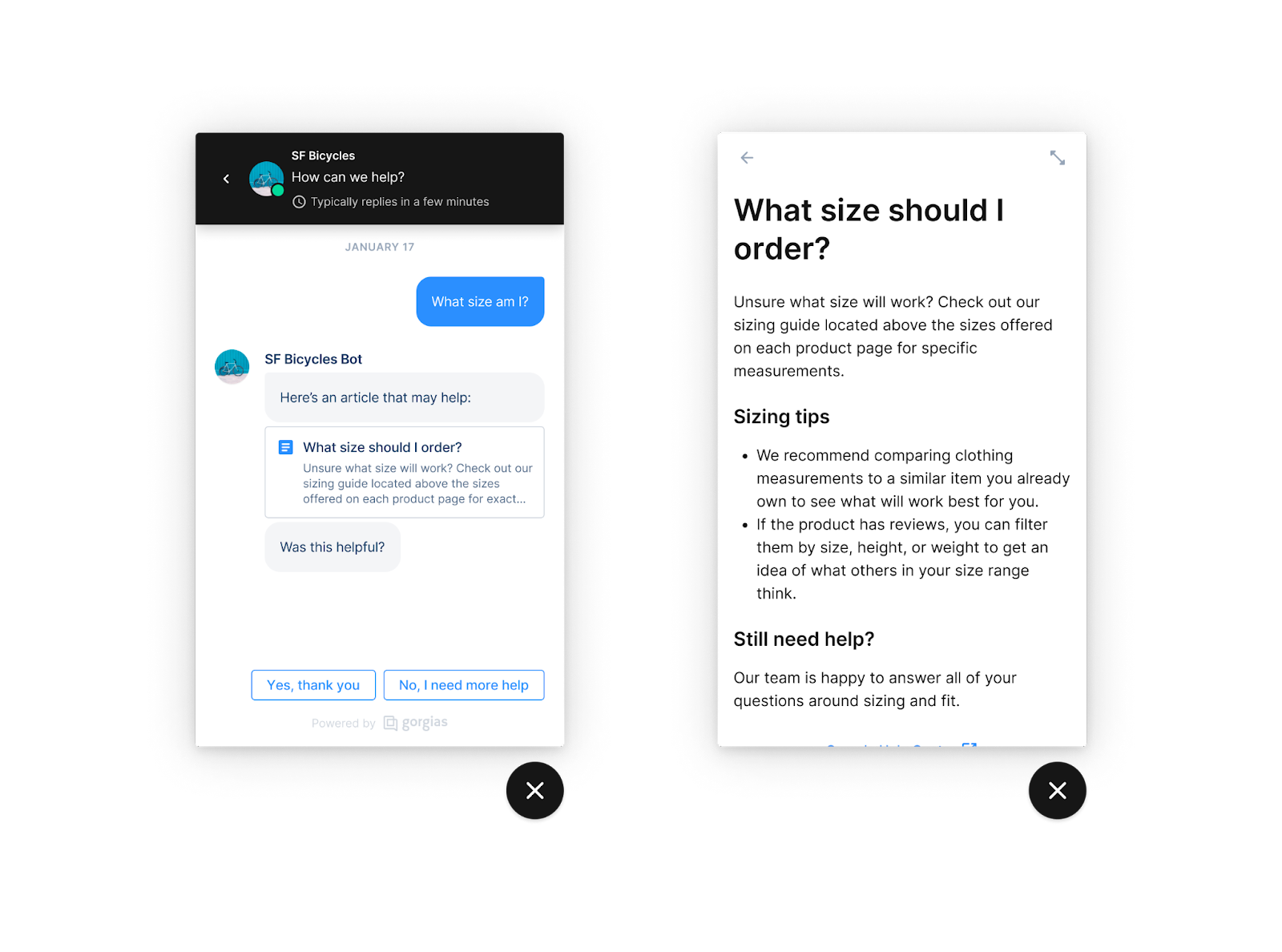 Gorgias lets you automatically recommend knowledge base articles to customers in live chat