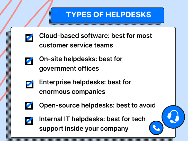 Types of helpdesks: cloud-based, on-site, enterprise, open-source, internal IT helpdesks.