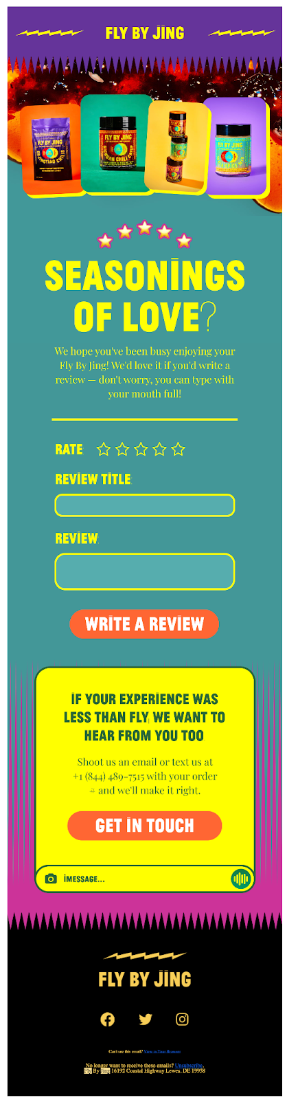 Fly By Jing's post-purchase emails request product reviews from customers.