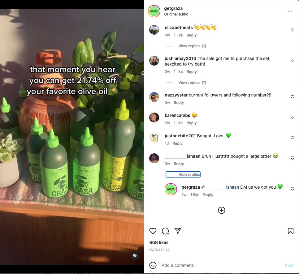 Instagram customer support from Graza.