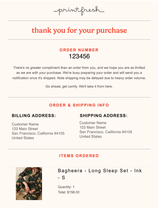 Order confirmation email
