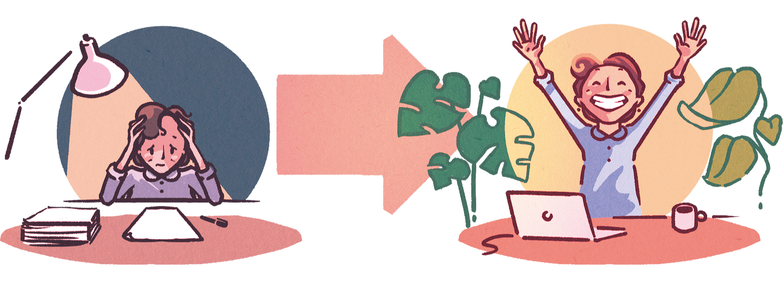 Transformation of a tired teacher looking at a piece of paper late at night into a happy, energized instructional designer working from a laptop