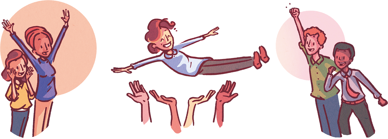 Poeple cheering for and celebrating the happy character in the center