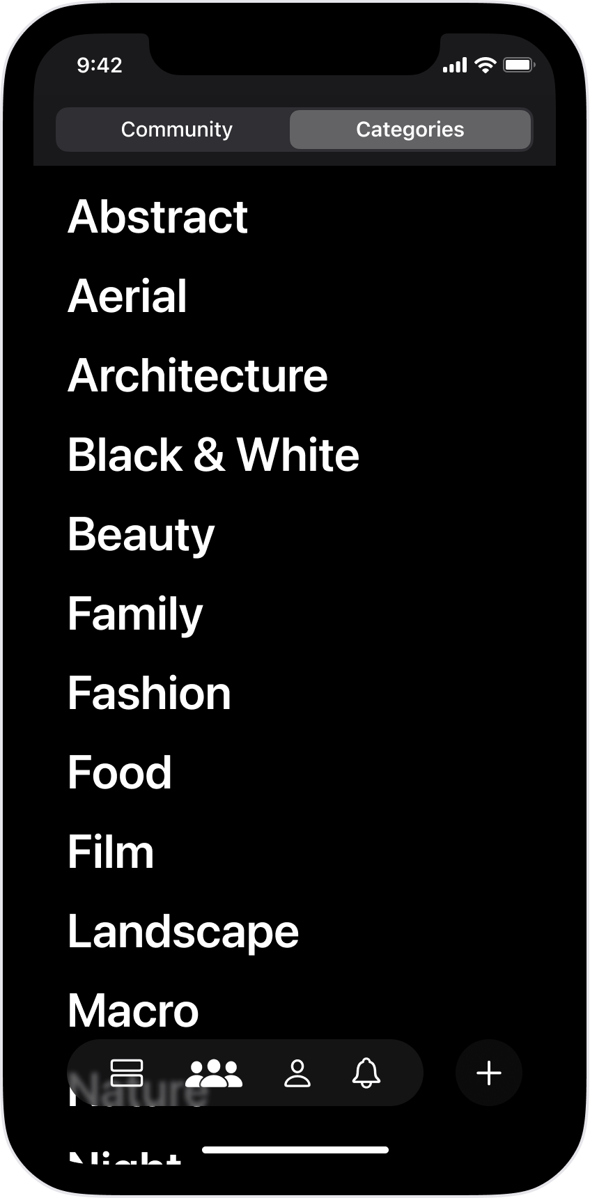 Category list screen.