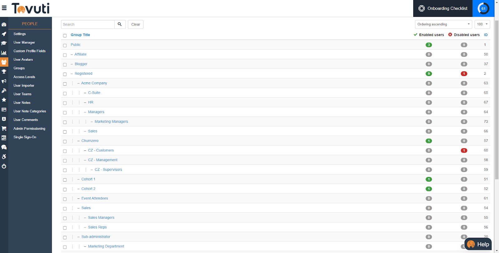Tovuti’s user group management feature