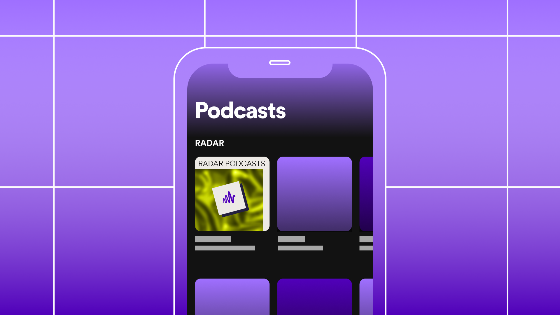 Purple background with Spotify mobile UI featuring the RADAR Podcasts section under the Podcasts tab