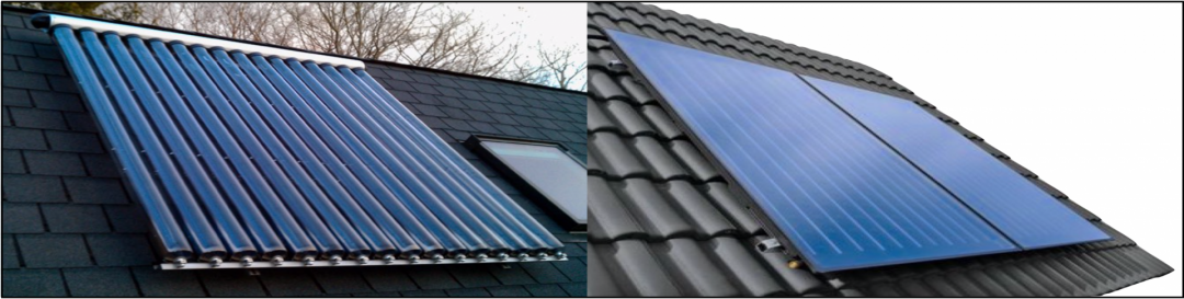 Zwei verschiedene Arten von Solarplatten: Links Röhrenkollektoren und rechts Flachkollektoren
