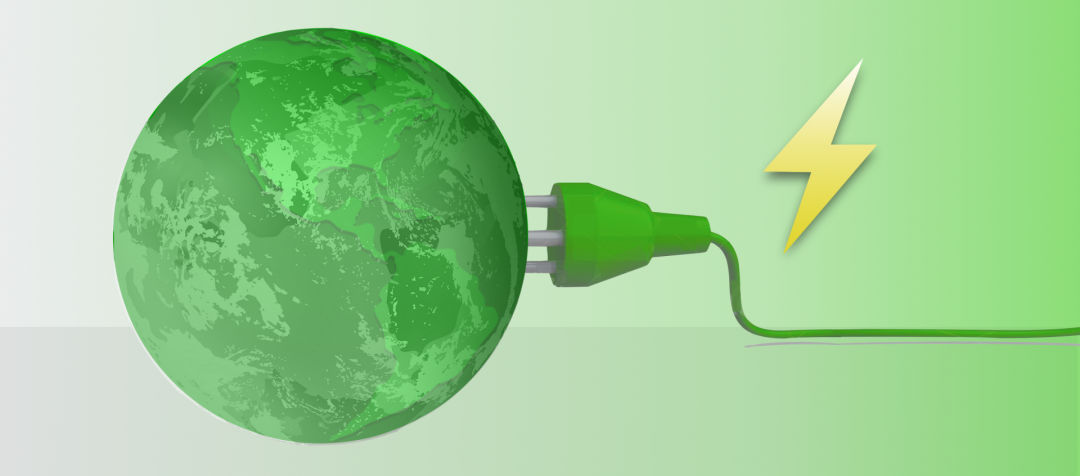 Eine grüne Weltkugel mit grünem Stromstecker und gelbem Blitz vor grünem Hintergrund