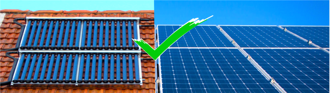 Verschiedene Typen von Solarplatten - links Solarkollektoren, rechts PV-Module