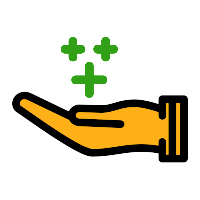 Eine gelbe Hand mit drei grünen Plus Symbolen, die die Vorteile der Solarmiete bei Enpal symbolisiert