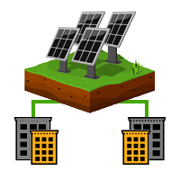 Vier Solarpanels und zwei Gebäude, die die zwei Grünstrom Anbieter Arten symbolisieren